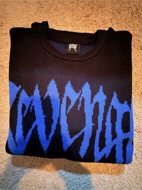 Revenge Official Clothing Black Knit Sweater Crewneck with Electric Blue Graphic